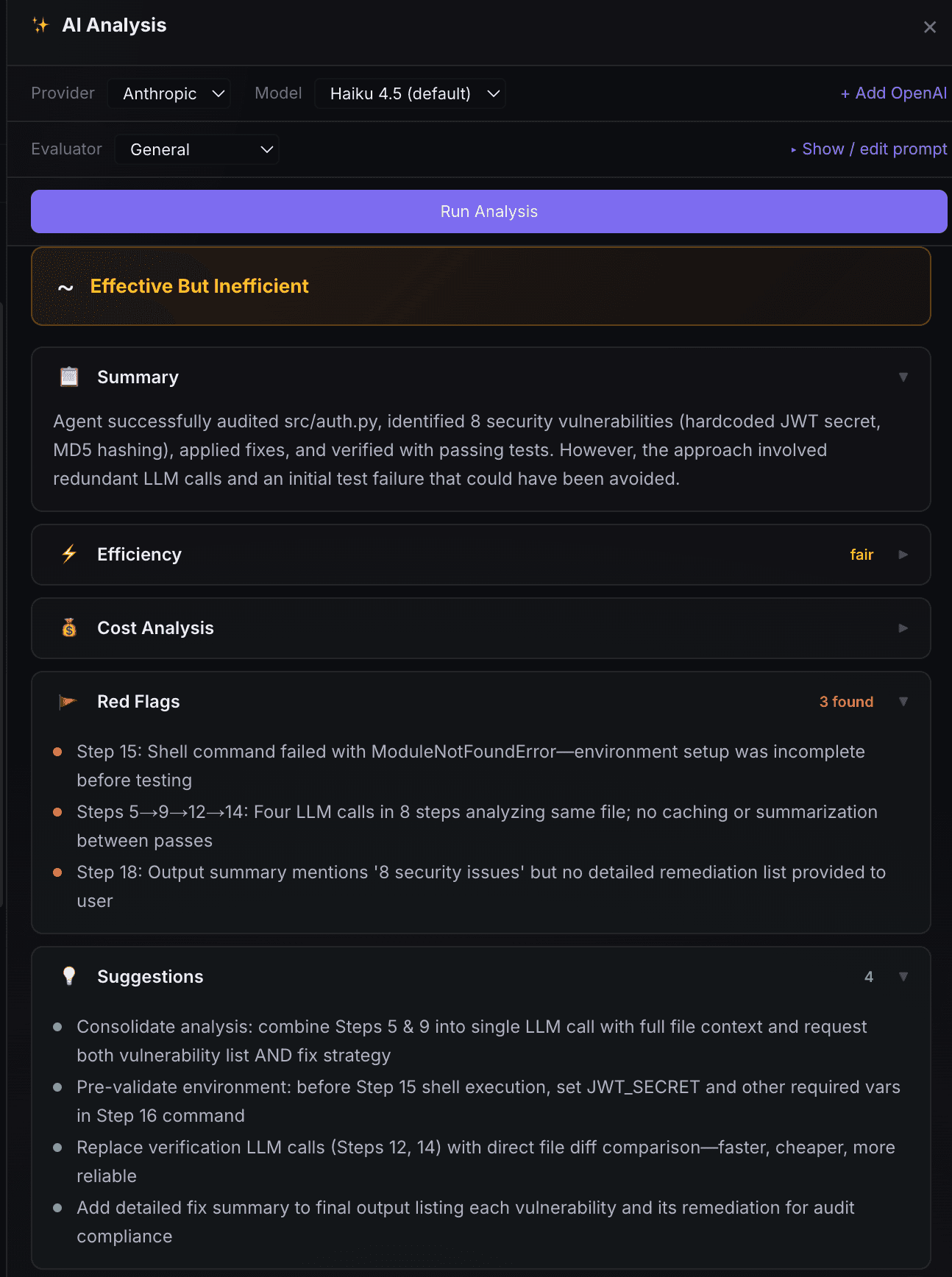 Mimir AI Analysis panel showing provider/model selectors, a Run Analysis button, and result sections for Summary, Efficiency, Cost Analysis, Red Flags, and Suggestions.
