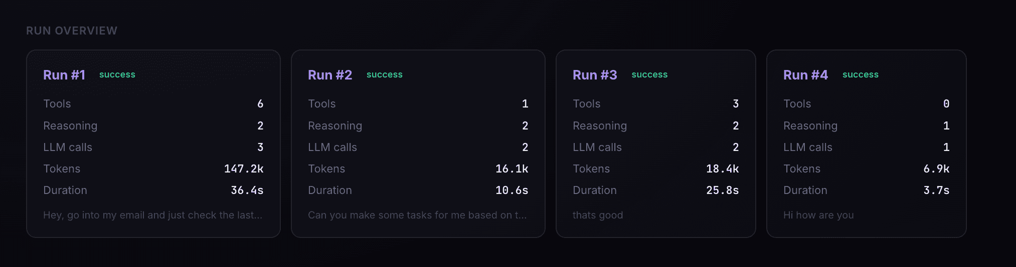 Mimir deep-dive overview comparing tool, token, and duration metrics across four runs of the same agent.